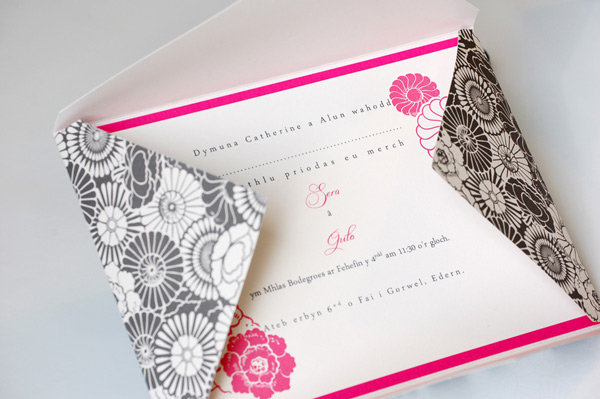 'Sera Guto' 5 7 envelofold invitation Shown in hot pink and graphite 