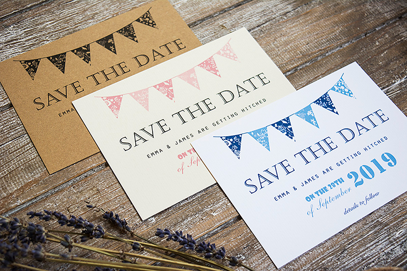 Rustic bunting save the date card