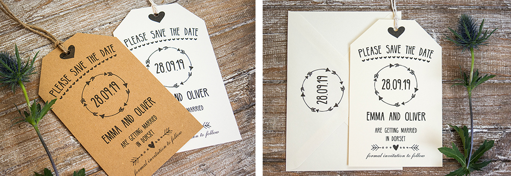 Rustic tag save the date card