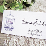 Birdcage wedding place name cards with lovebirds